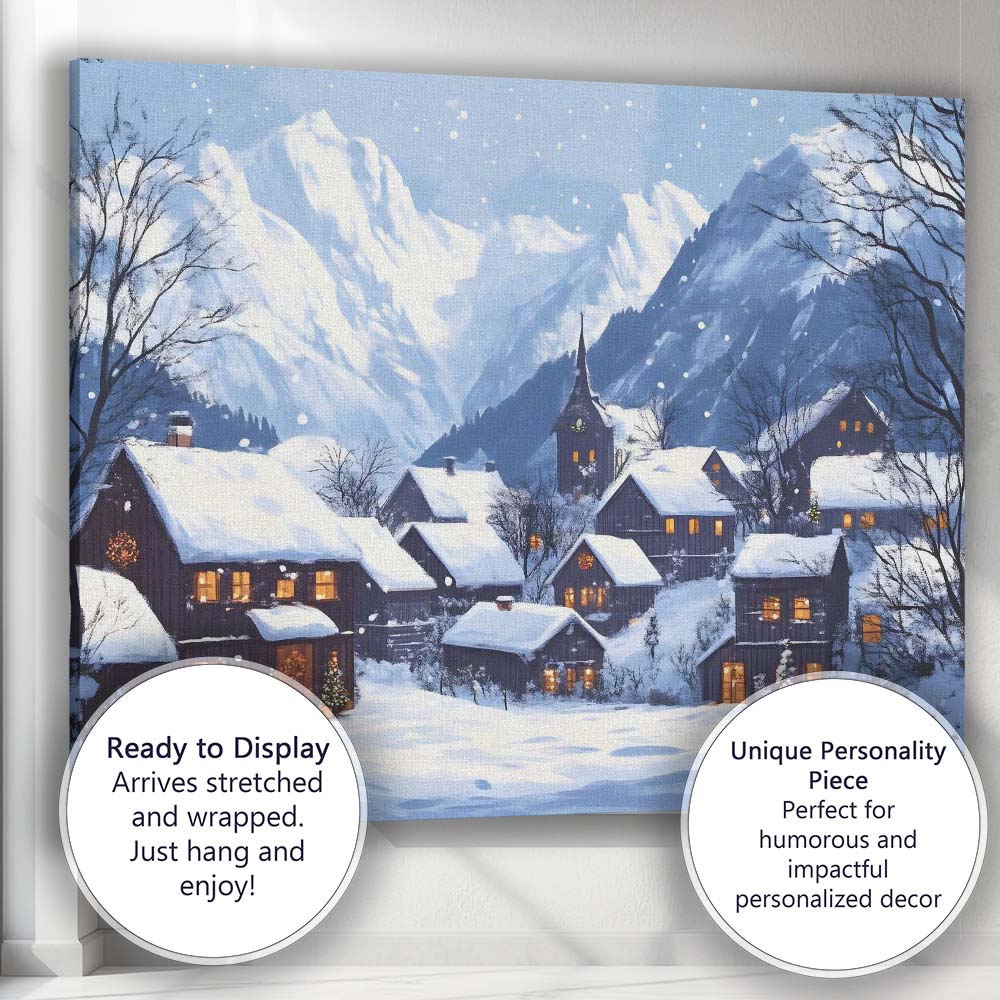 Snow Covered Alpine Village Mountain Winter Landscape Canvas Wall Art Print Decor Picture Ready to Hang