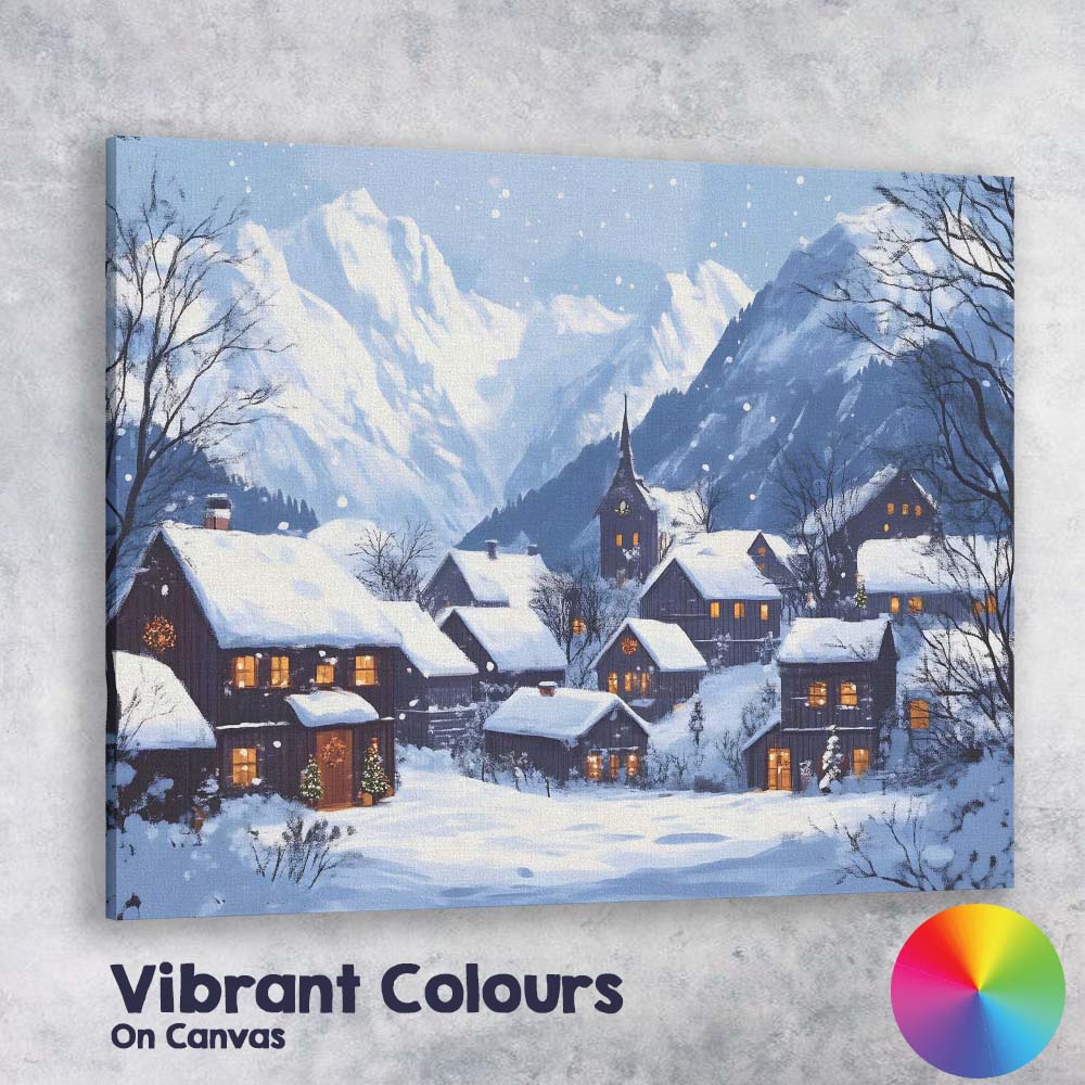 Snow Covered Alpine Village Mountain Winter Landscape Canvas Wall Art Print Decor Picture Ready to Hang