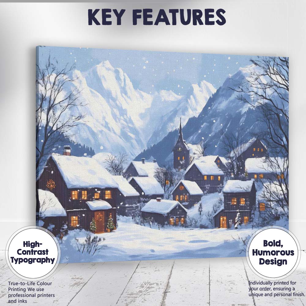 Snow Covered Alpine Village Mountain Winter Landscape Canvas Wall Art Print Decor Picture Ready to Hang
