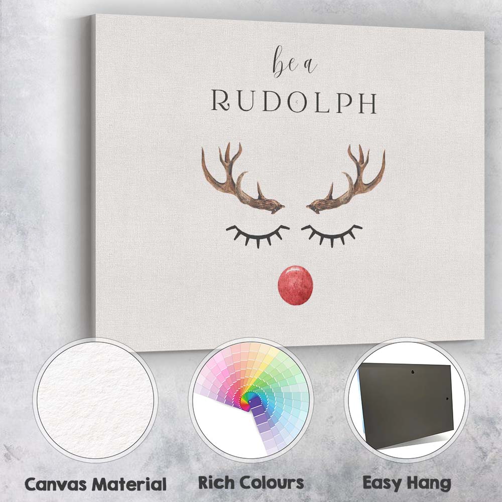 Minimalist Rudolph Reindeer Face Christmas Typography Canvas Wall Art Print Decor Picture Ready to Hang
