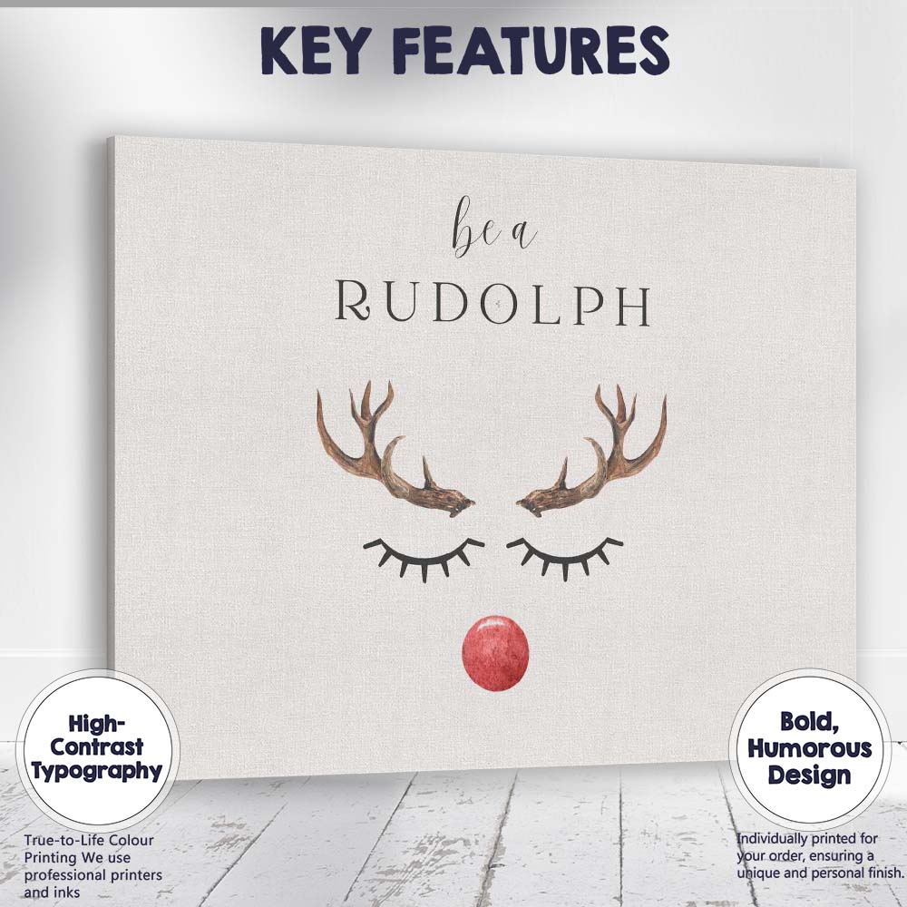 Minimalist Rudolph Reindeer Face Christmas Typography Canvas Wall Art Print Decor Picture Ready to Hang