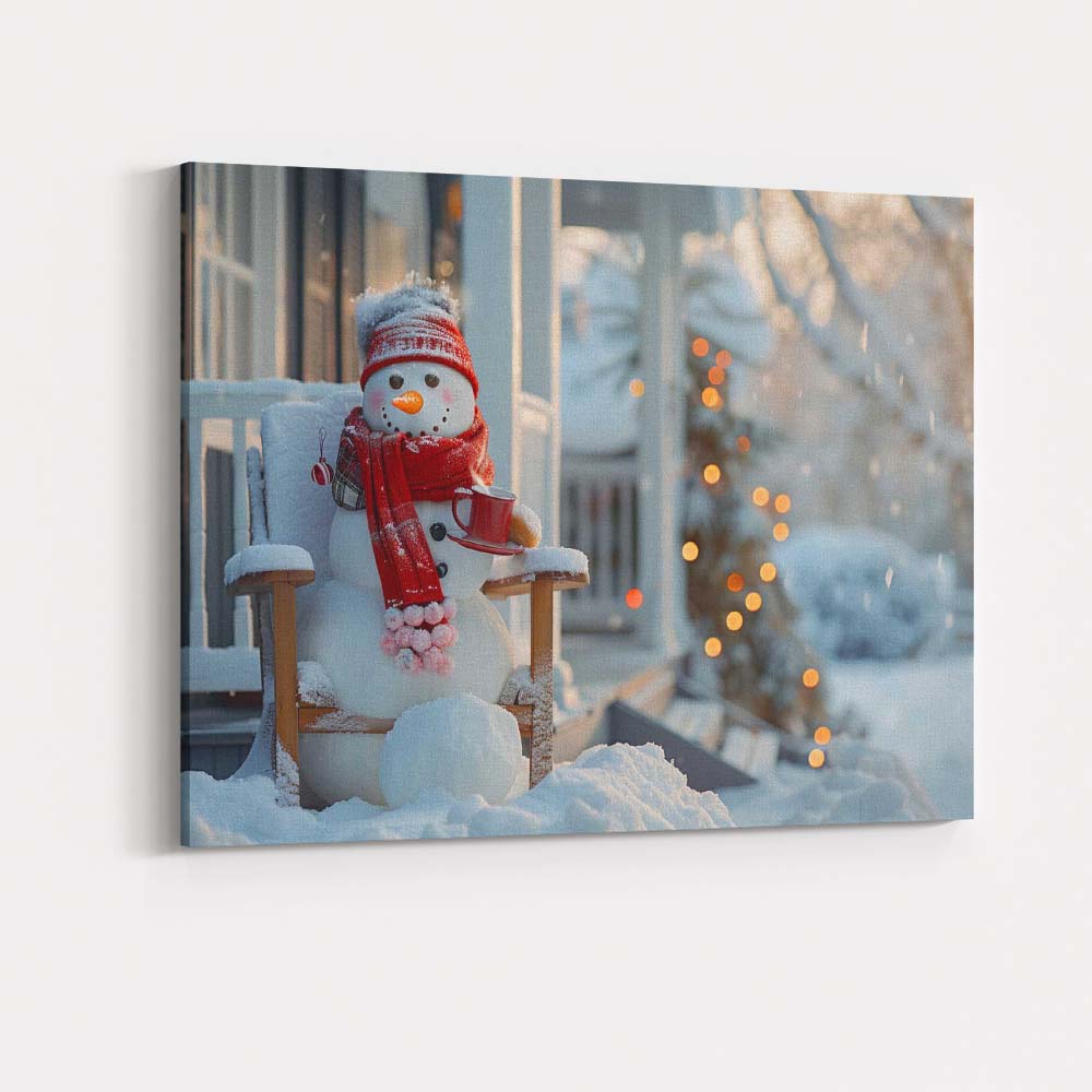 Cosy Winter Snowman With Hot Drink Christmas Porch Scene Canvas Wall Art Print Decor Picture Ready to Hang