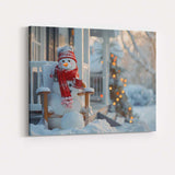Cosy Winter Snowman With Hot Drink Christmas Porch Scene Canvas Wall Art Print Decor Picture Ready to Hang