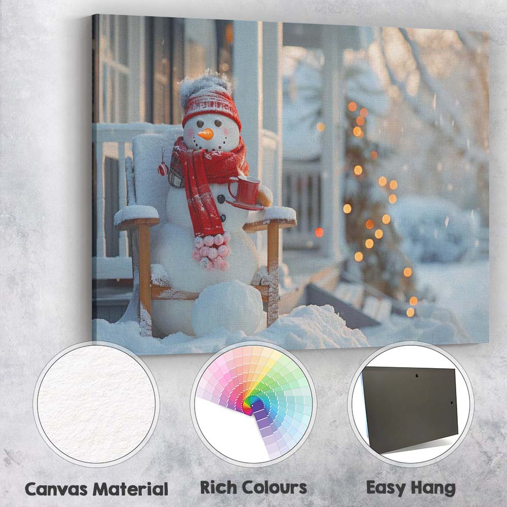 Cosy Winter Snowman With Hot Drink Christmas Porch Scene Canvas Wall Art Print Decor Picture Ready to Hang