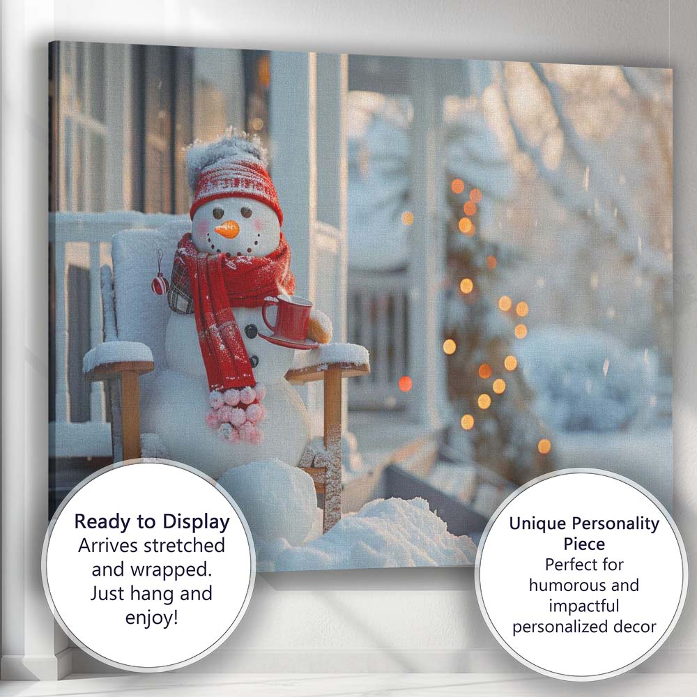 Cosy Winter Snowman With Hot Drink Christmas Porch Scene Canvas Wall Art Print Decor Picture Ready to Hang