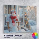Cosy Winter Snowman With Hot Drink Christmas Porch Scene Canvas Wall Art Print Decor Picture Ready to Hang