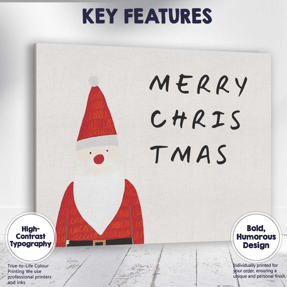 Minimalist Merry Christmas Santa Festive Typography Illustration Canvas Wall Art Print Decor Picture Ready to Hang