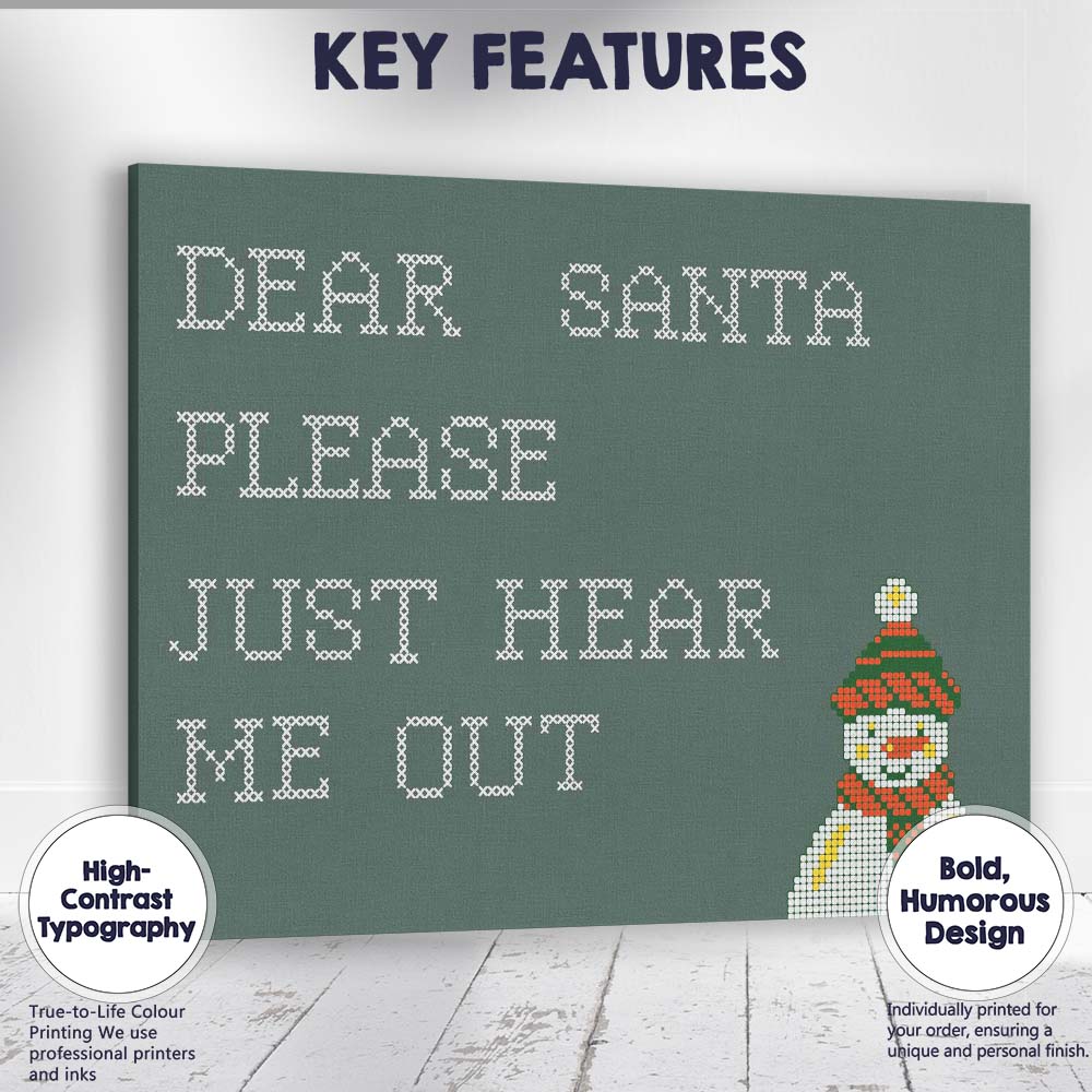 Cross Stitch Dear Santa Please Just Hear Me Out Humorous Christmas Quote Canvas Wall Art Print Decor Picture Ready to Hang