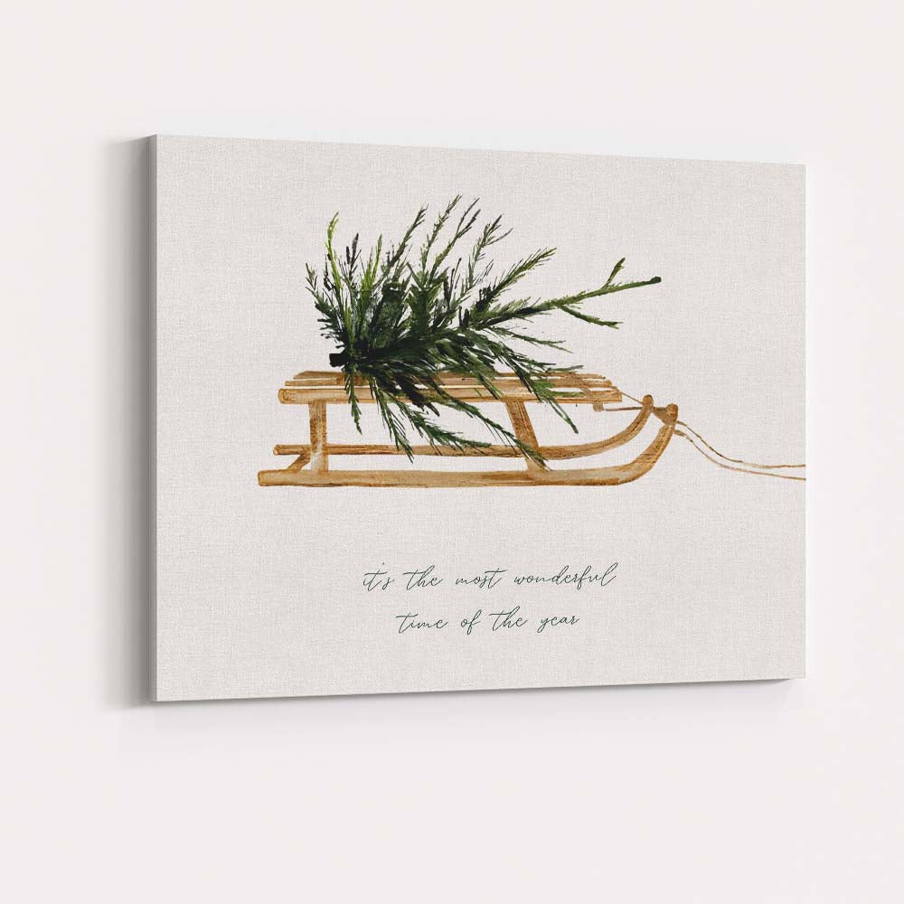 Rustic Wooden Sled With Evergreen Branch Christmas Farmhouse Canvas Wall Art Print Decor Picture Ready to Hang