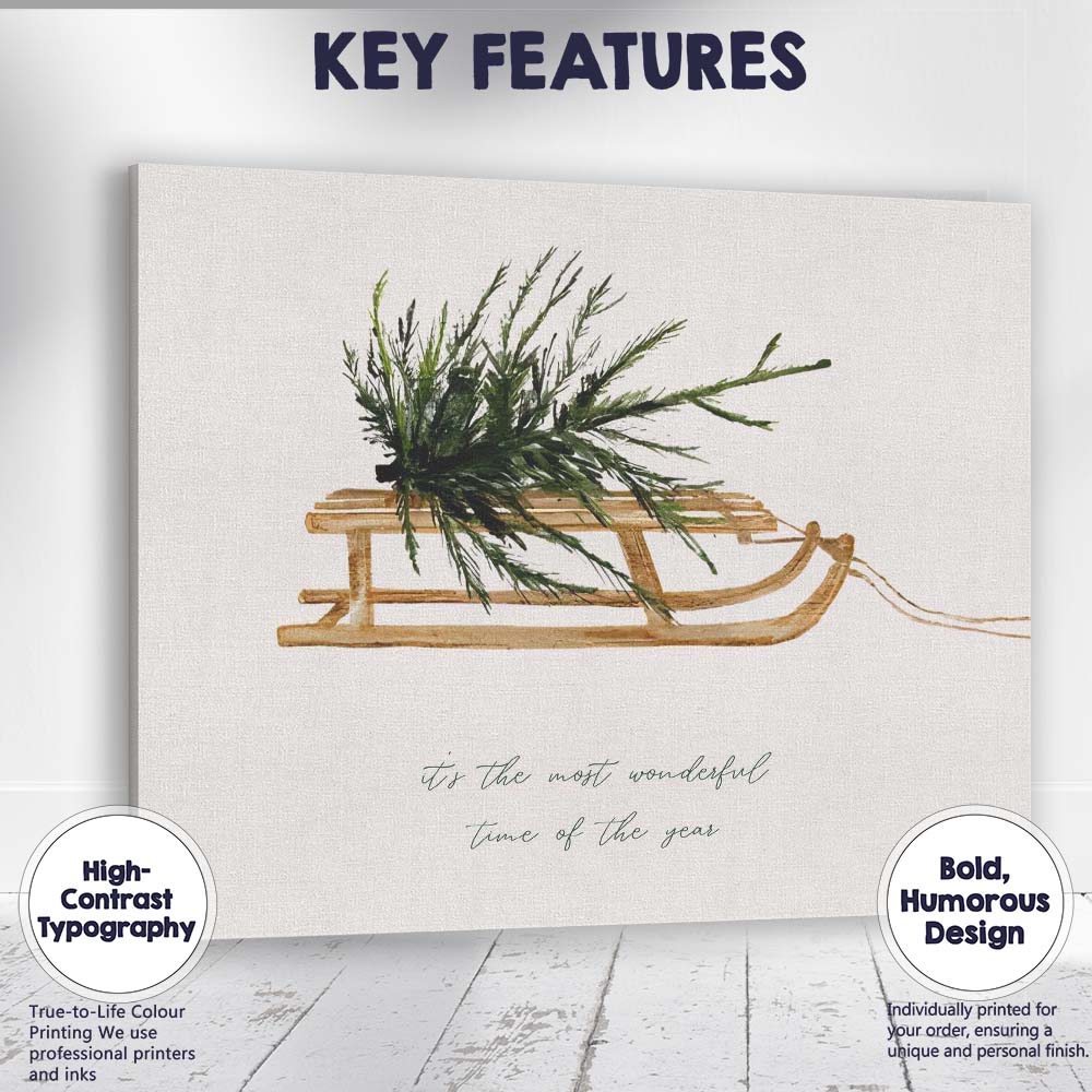 Rustic Wooden Sled With Evergreen Branch Christmas Farmhouse Canvas Wall Art Print Decor Picture Ready to Hang