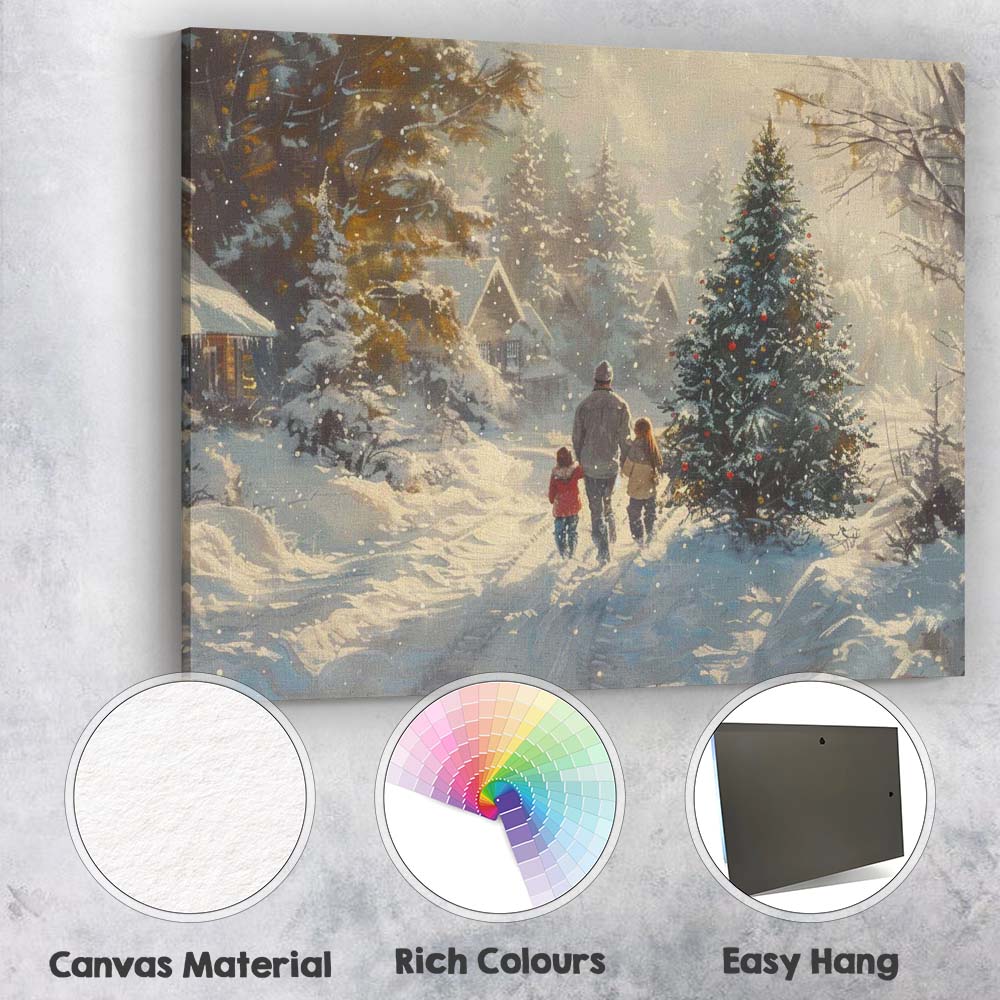 Cosy Family Walking Through Snowy Christmas Village Winter Landscape Canvas Wall Art Print Decor Picture Ready to Hang