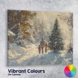 Cosy Family Walking Through Snowy Christmas Village Winter Landscape Canvas Wall Art Print Decor Picture Ready to Hang