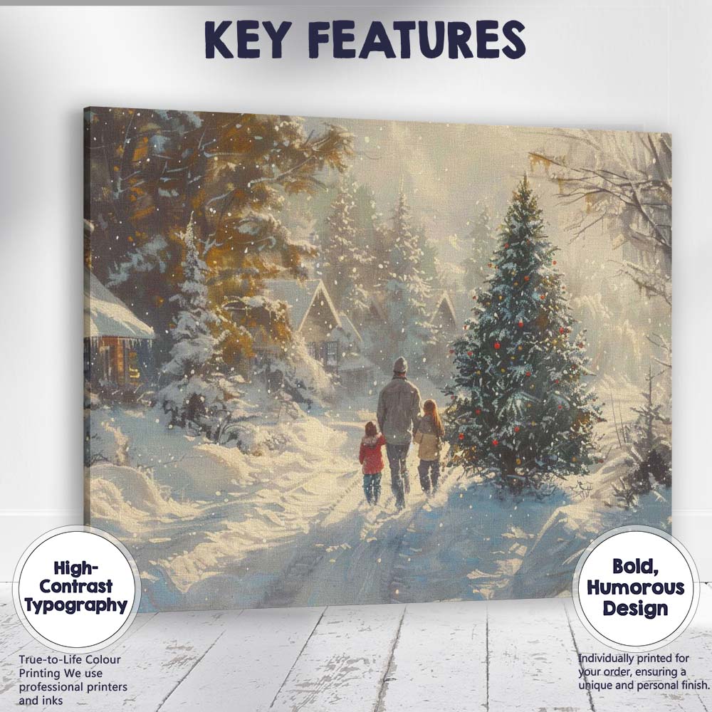 Cosy Family Walking Through Snowy Christmas Village Winter Landscape Canvas Wall Art Print Decor Picture Ready to Hang