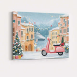 Pink Retro Christmas Scooter Festive Snowy European Village Canvas Wall Art Print Decor Picture Ready to Hang
