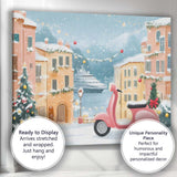 Pink Retro Christmas Scooter Festive Snowy European Village Canvas Wall Art Print Decor Picture Ready to Hang
