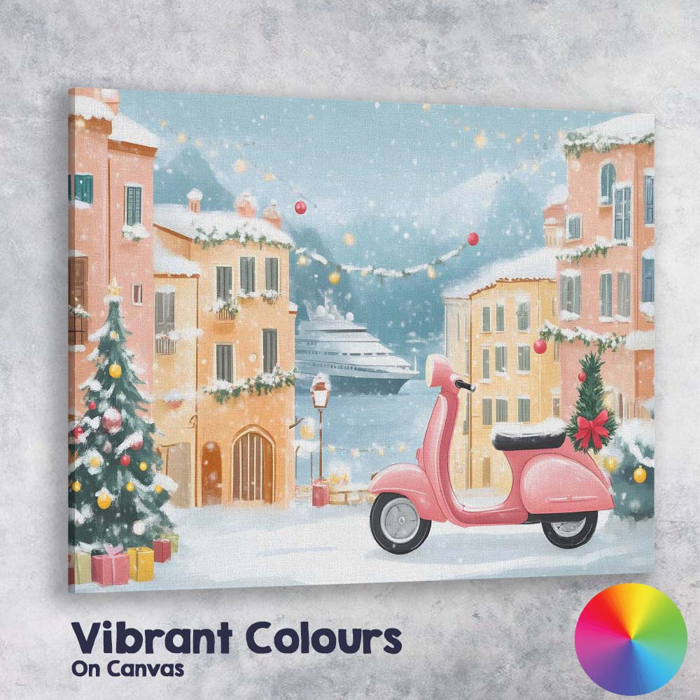 Pink Retro Christmas Scooter Festive Snowy European Village Canvas Wall Art Print Decor Picture Ready to Hang