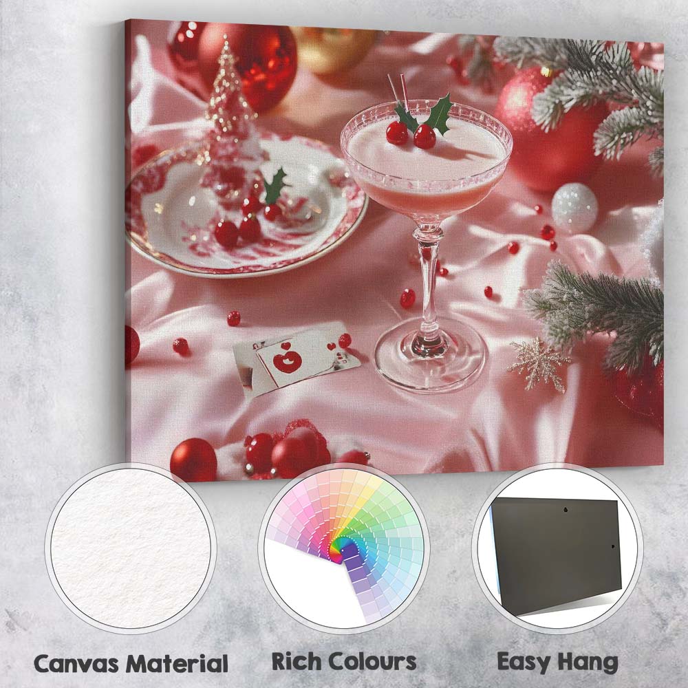 Festive Pink Christmas Cocktail Holly Berry Holiday Drinks Canvas Wall Art Print Decor Picture Ready to Hang