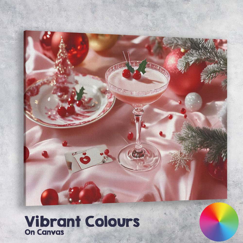 Festive Pink Christmas Cocktail Holly Berry Holiday Drinks Canvas Wall Art Print Decor Picture Ready to Hang