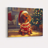 Cute Christmas Dachshund Dog Wearing Santa Hat Fairy Lights Canvas Wall Art Print Decor Picture Ready to Hang