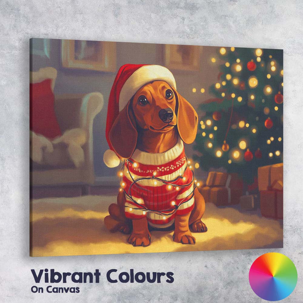 Cute Christmas Dachshund Dog Wearing Santa Hat Fairy Lights Canvas Wall Art Print Decor Picture Ready to Hang