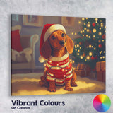 Cute Christmas Dachshund Dog Wearing Santa Hat Fairy Lights Canvas Wall Art Print Decor Picture Ready to Hang