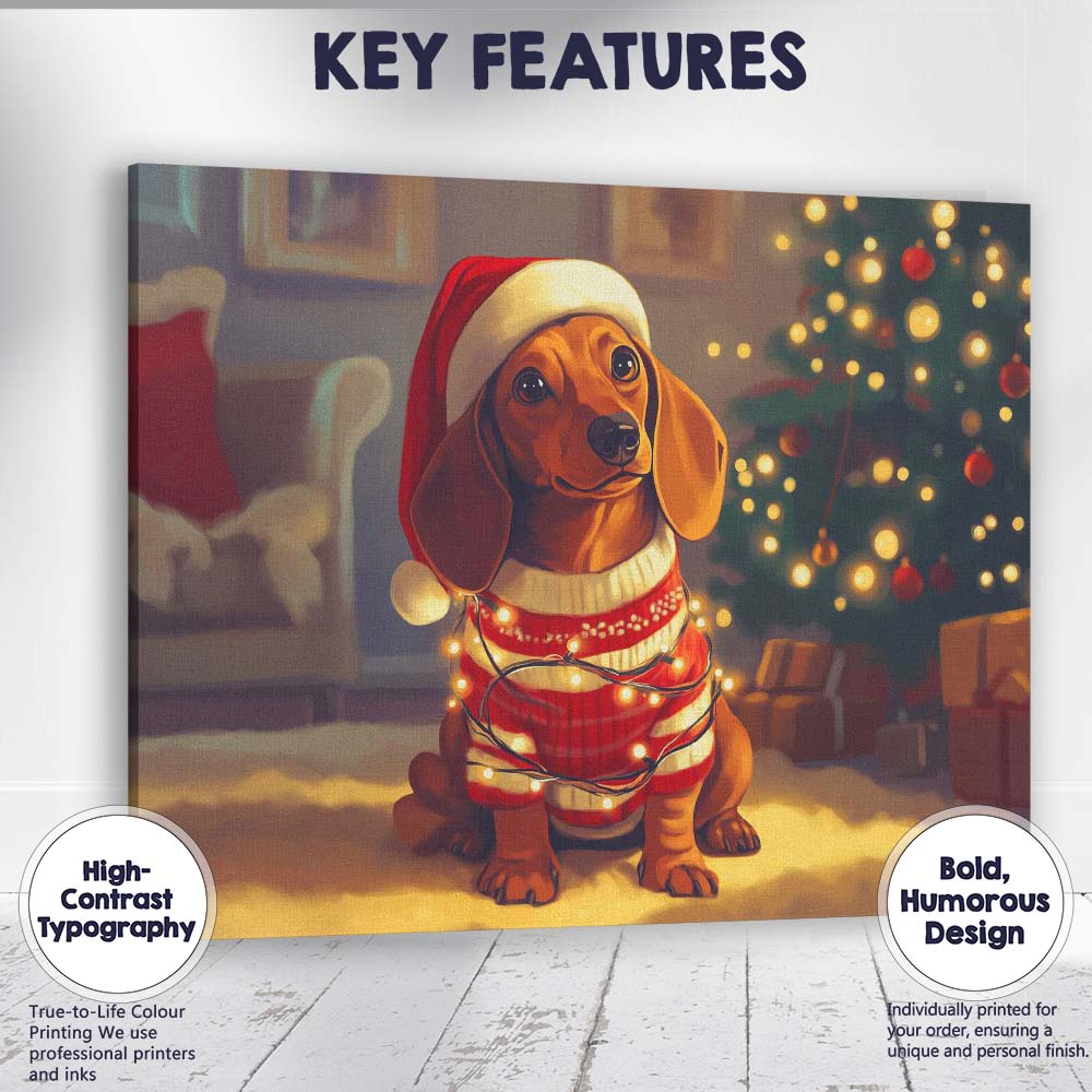 Cute Christmas Dachshund Dog Wearing Santa Hat Fairy Lights Canvas Wall Art Print Decor Picture Ready to Hang