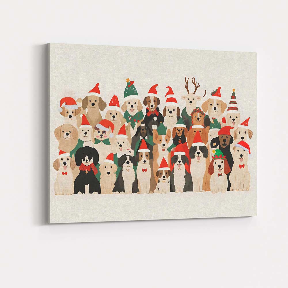 Cute Christmas Dogs Wearing Santa Hats Festive Pet Illustration Canvas Wall Art Print Decor Picture Ready to Hang