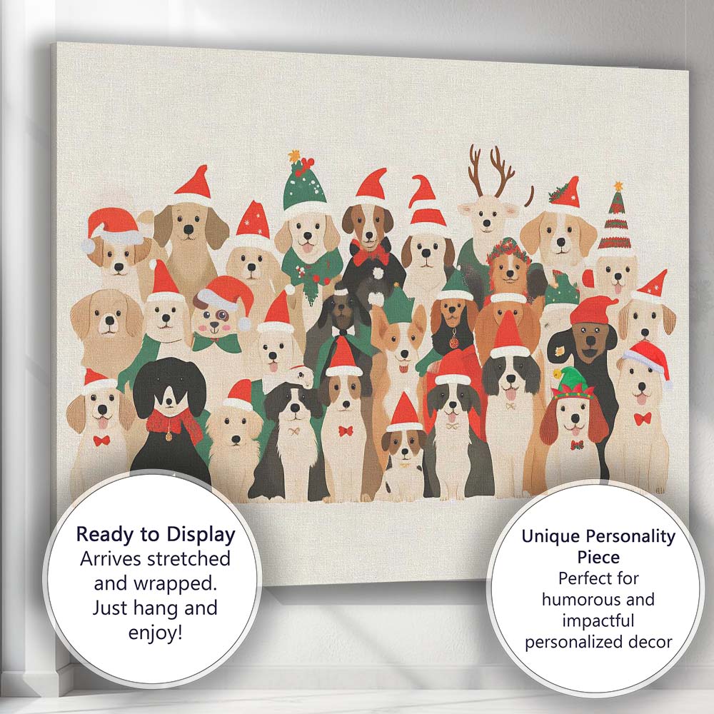 Cute Christmas Dogs Wearing Santa Hats Festive Pet Illustration Canvas Wall Art Print Decor Picture Ready to Hang