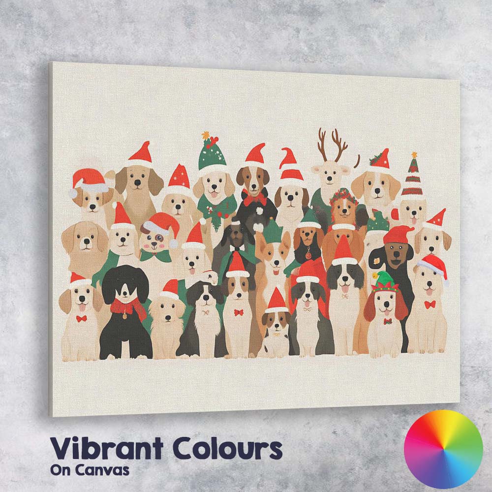 Cute Christmas Dogs Wearing Santa Hats Festive Pet Illustration Canvas Wall Art Print Decor Picture Ready to Hang
