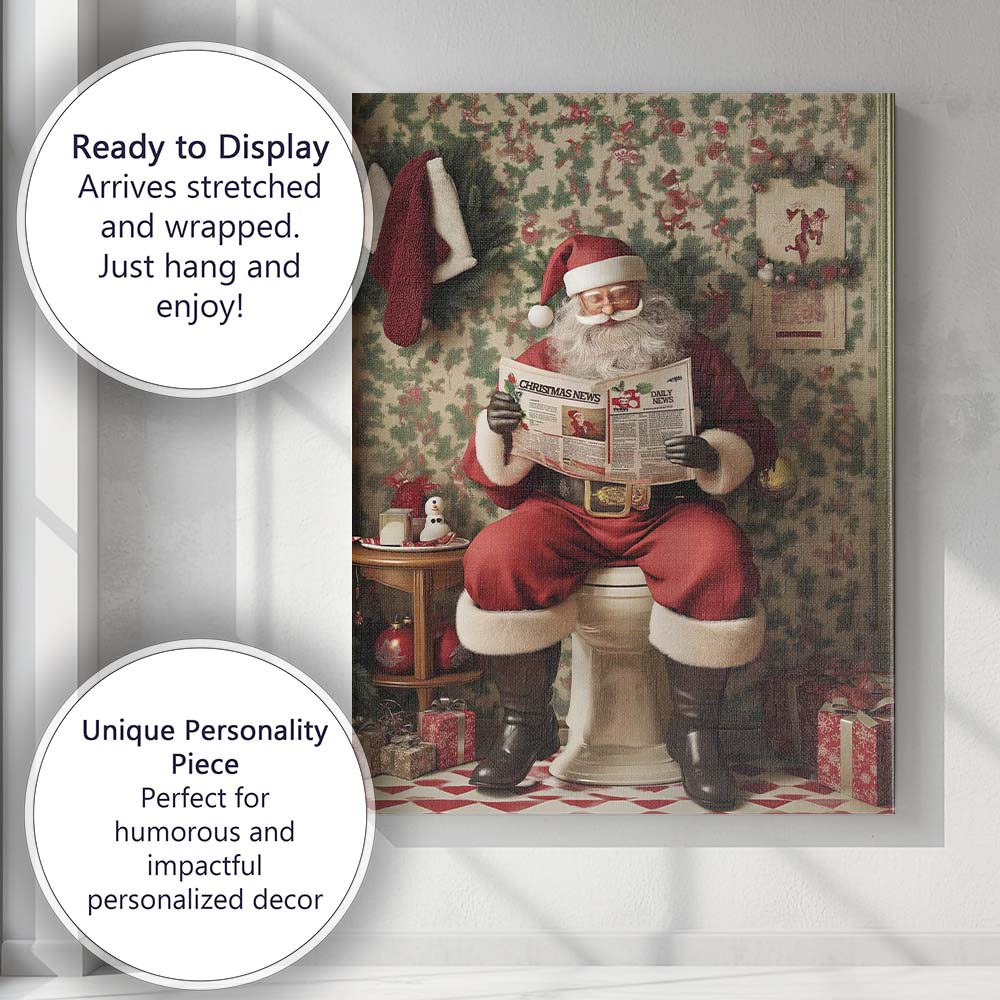 Funny Santa Reading Christmas Newspaper On Toilet Humorous Canvas Wall Art Print Decor Picture Ready to Hang