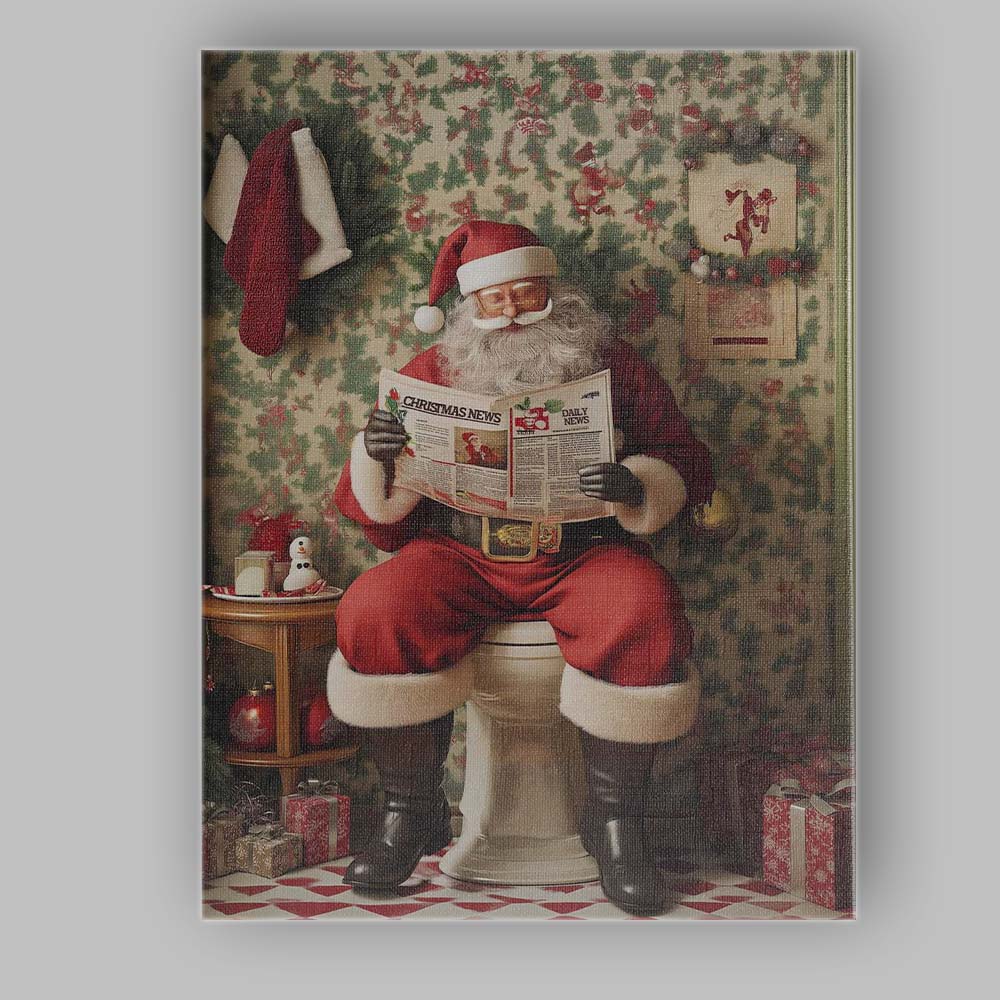Funny Santa Reading Christmas Newspaper On Toilet Humorous Canvas Wall Art Print Decor Picture Ready to Hang