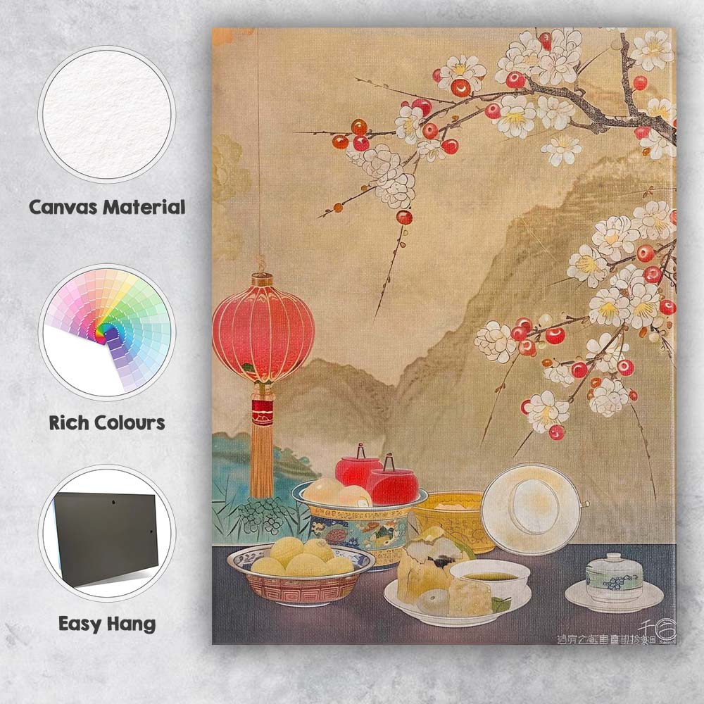 Traditional Chinese Blossom Branch Still Life Tea Ceremony Canvas Wall Art Print Decor Picture Ready to Hang