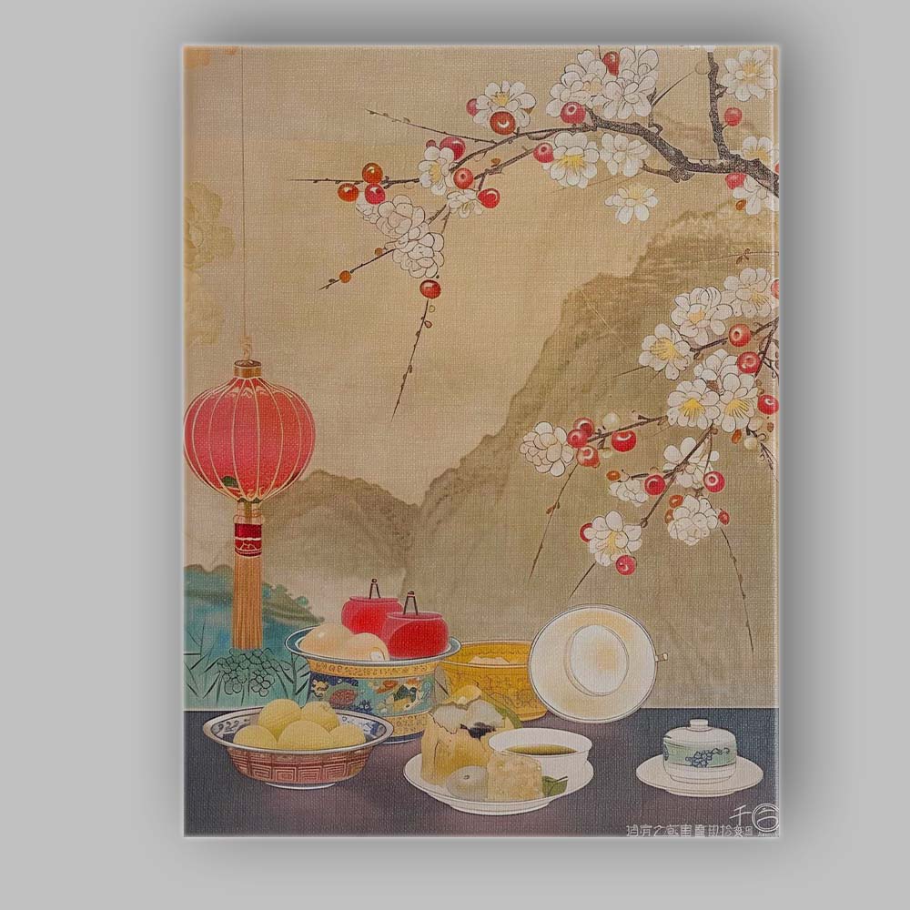 Traditional Chinese Blossom Branch Still Life Tea Ceremony Canvas Wall Art Print Decor Picture Ready to Hang