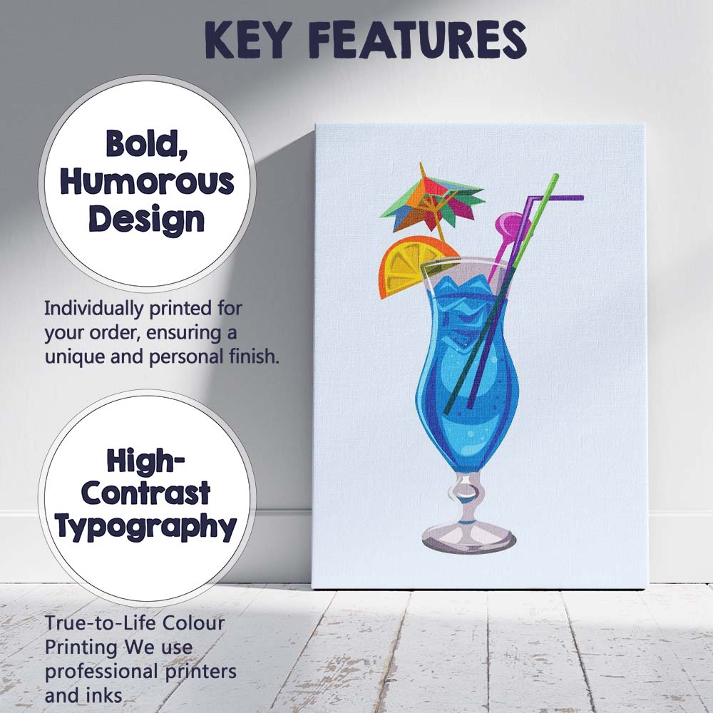 Blue Tropical Cocktail Summer Drink Illustration Canvas Wall Art Print Decor Picture Ready to Hang