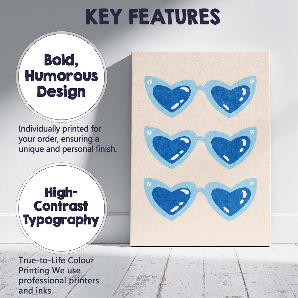 Blue Heart Shaped Sunglasses Pop Art Illustration Canvas Wall Art Print Decor Picture Ready to Hang