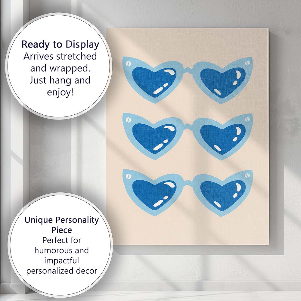 Blue Heart Shaped Sunglasses Pop Art Illustration Canvas Wall Art Print Decor Picture Ready to Hang