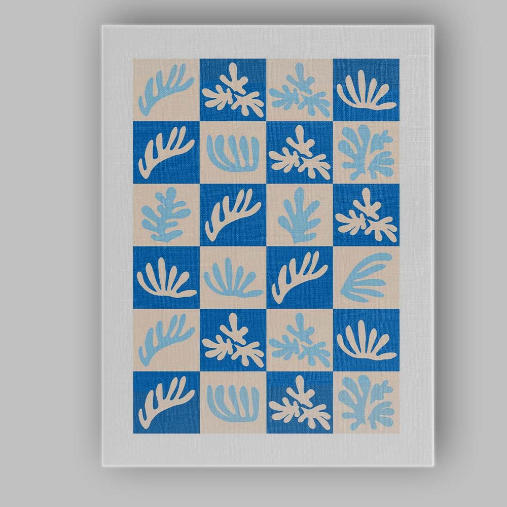 Blue Tropical Botanical Checkerboard Pattern Canvas Wall Art Print Decor Picture Ready to Hang