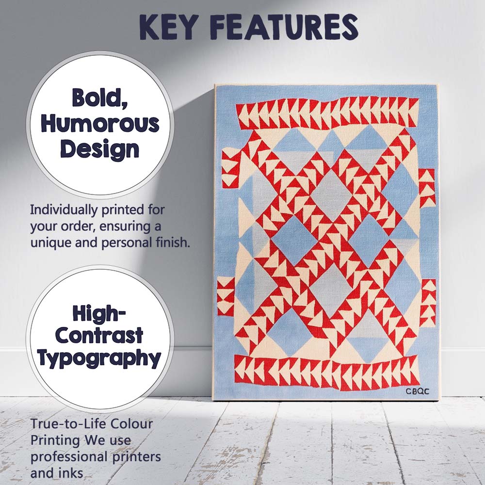 Red Blue Geometric Abstract Quilt Pattern Canvas Wall Art Print Decor Picture Ready to Hang