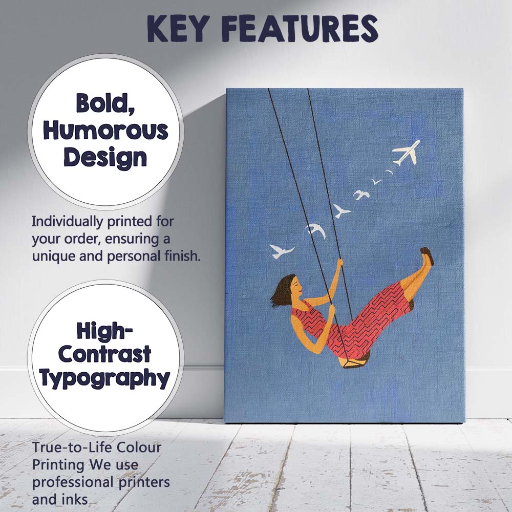 Dreamy Woman On Swing Sky Travel Illustration Canvas Wall Art Print Decor Picture Ready to Hang