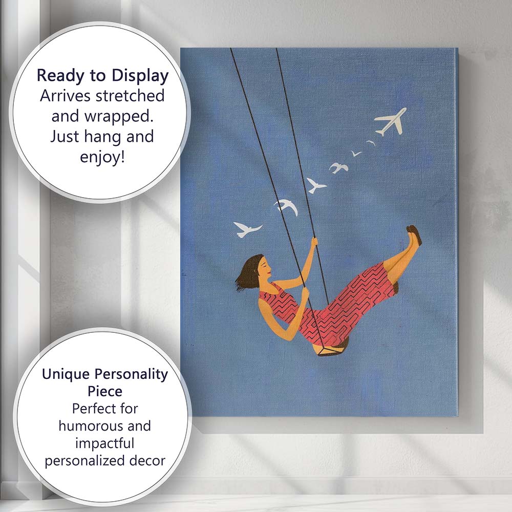 Dreamy Woman On Swing Sky Travel Illustration Canvas Wall Art Print Decor Picture Ready to Hang