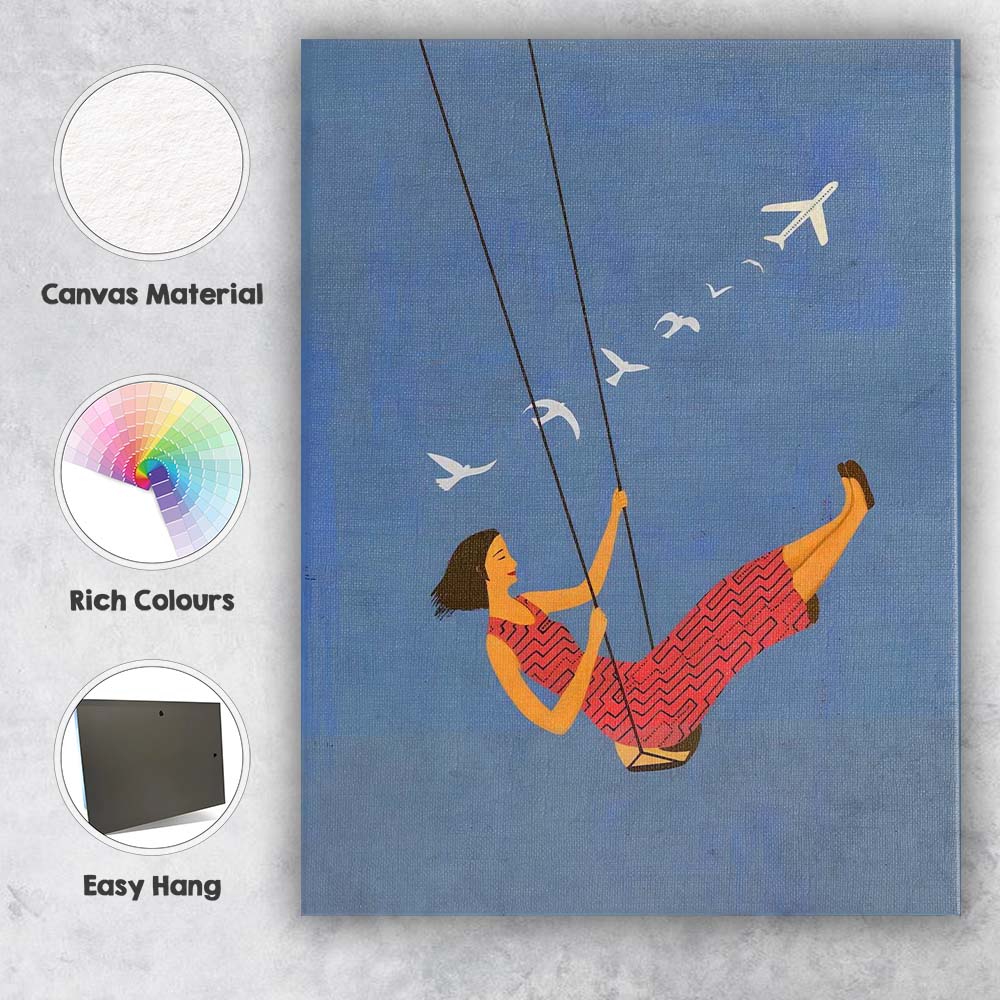 Dreamy Woman On Swing Sky Travel Illustration Canvas Wall Art Print Decor Picture Ready to Hang