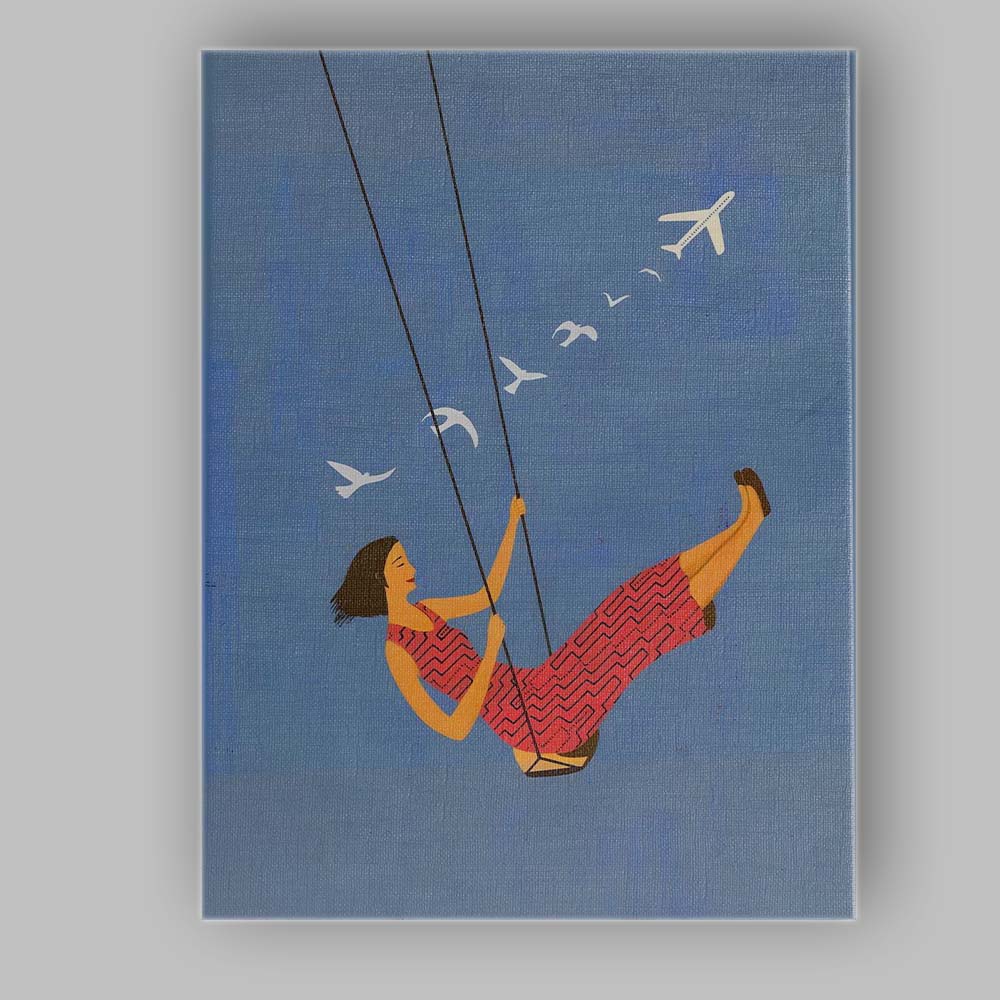Dreamy Woman On Swing Sky Travel Illustration Canvas Wall Art Print Decor Picture Ready to Hang