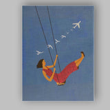 Dreamy Woman On Swing Sky Travel Illustration Canvas Wall Art Print Decor Picture Ready to Hang