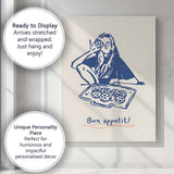 Blue Minimalist Bon Appetit Pizza Line Art Illustration Canvas Wall Art Print Decor Picture Ready to Hang
