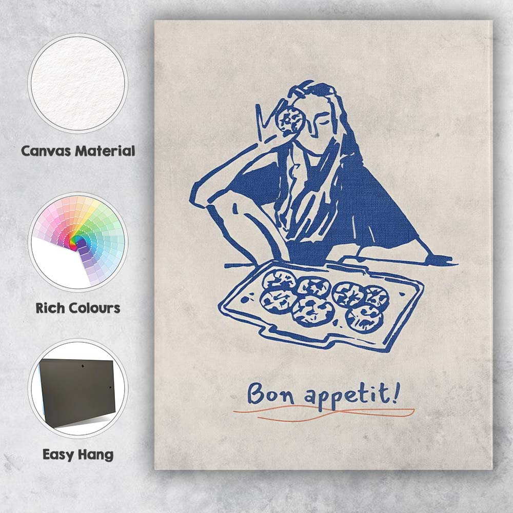 Blue Minimalist Bon Appetit Pizza Line Art Illustration Canvas Wall Art Print Decor Picture Ready to Hang