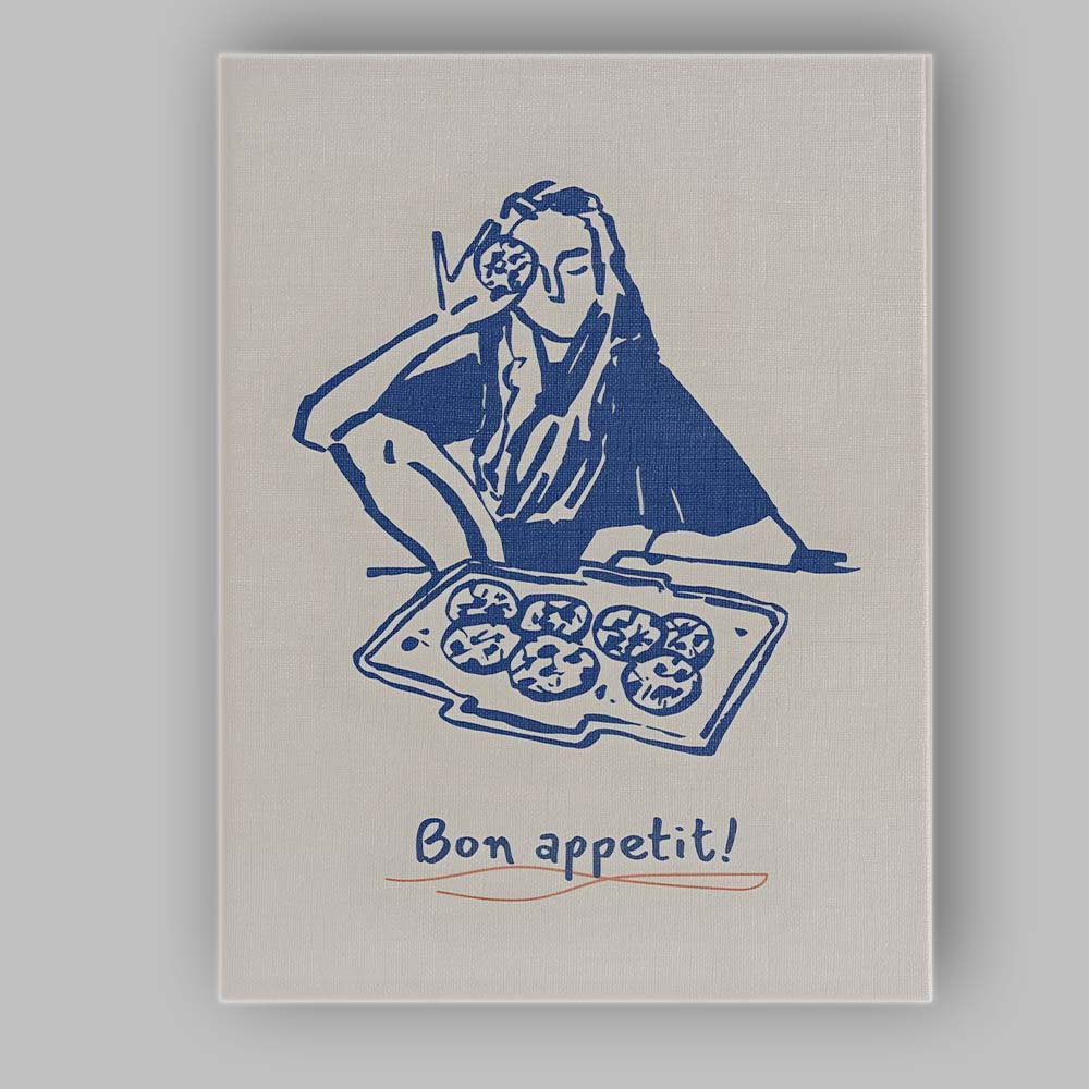 Blue Minimalist Bon Appetit Pizza Line Art Illustration Canvas Wall Art Print Decor Picture Ready to Hang