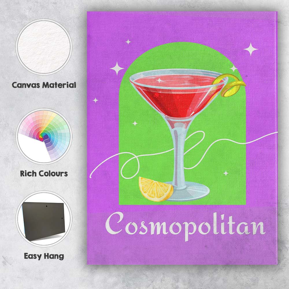 Purple Cosmopolitan Cocktail Lemon Garnish Illustration Canvas Wall Art Print Decor Picture Ready to Hang