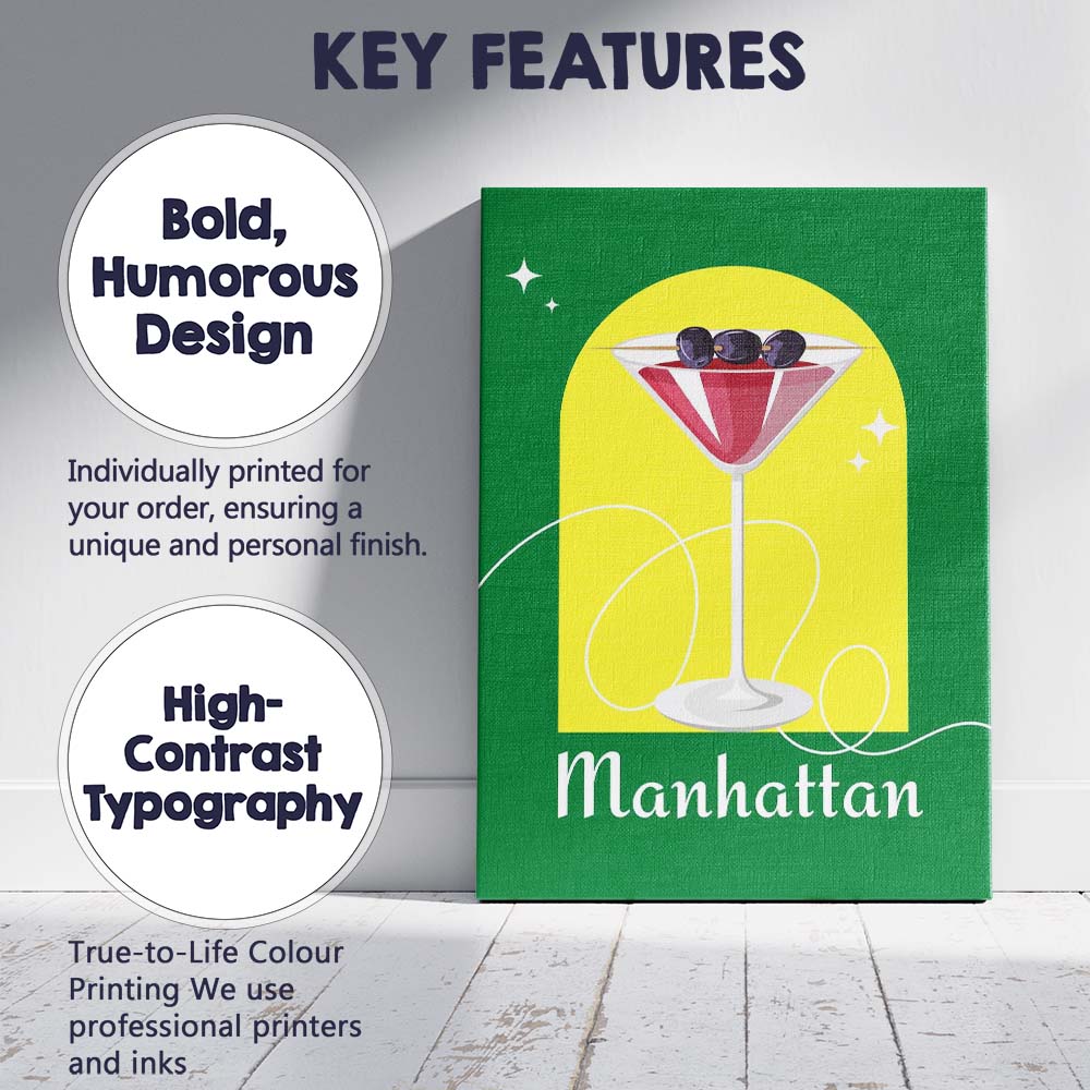 Green Manhattan Cocktail Cherry Garnish Modern Illustration Canvas Wall Art Print Decor Picture Ready to Hang