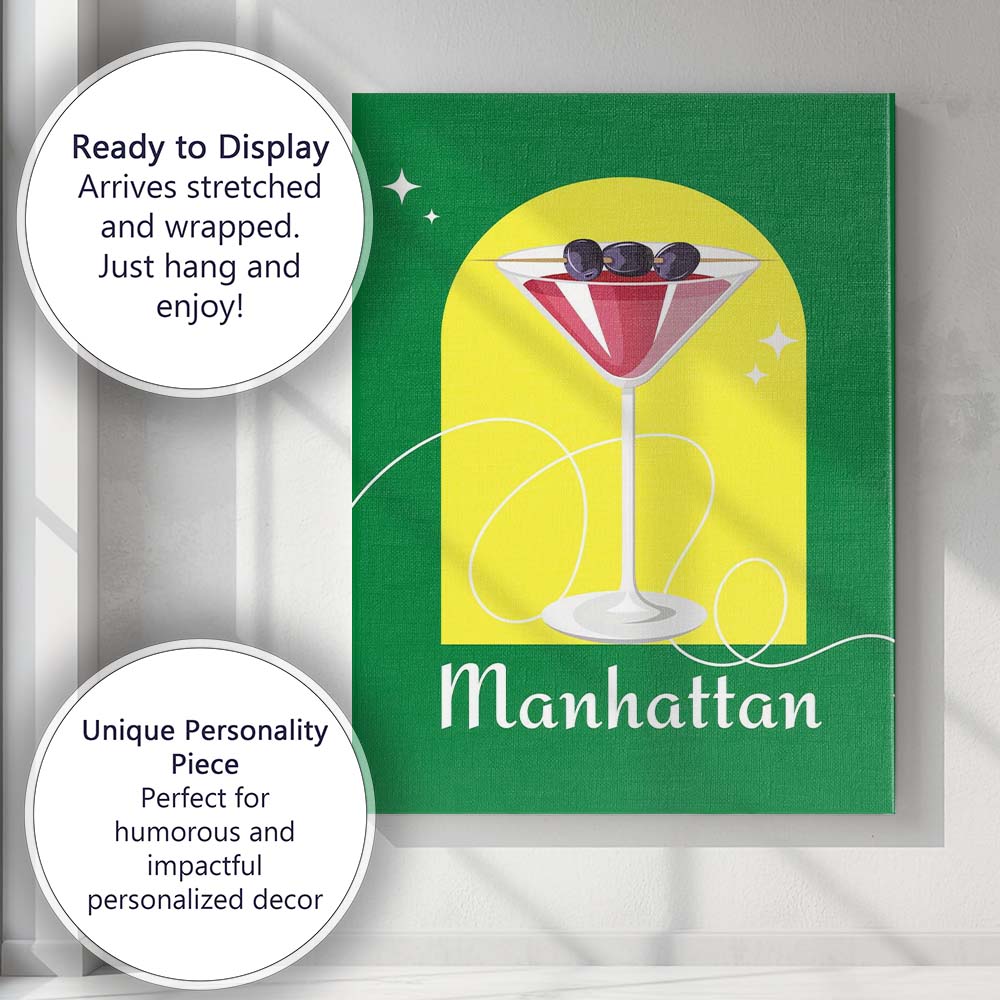 Green Manhattan Cocktail Cherry Garnish Modern Illustration Canvas Wall Art Print Decor Picture Ready to Hang