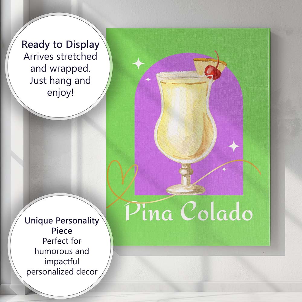 Green Pina Colada Tropical Cocktail Watercolour Illustration Canvas Wall Art Print Decor Picture Ready to Hang